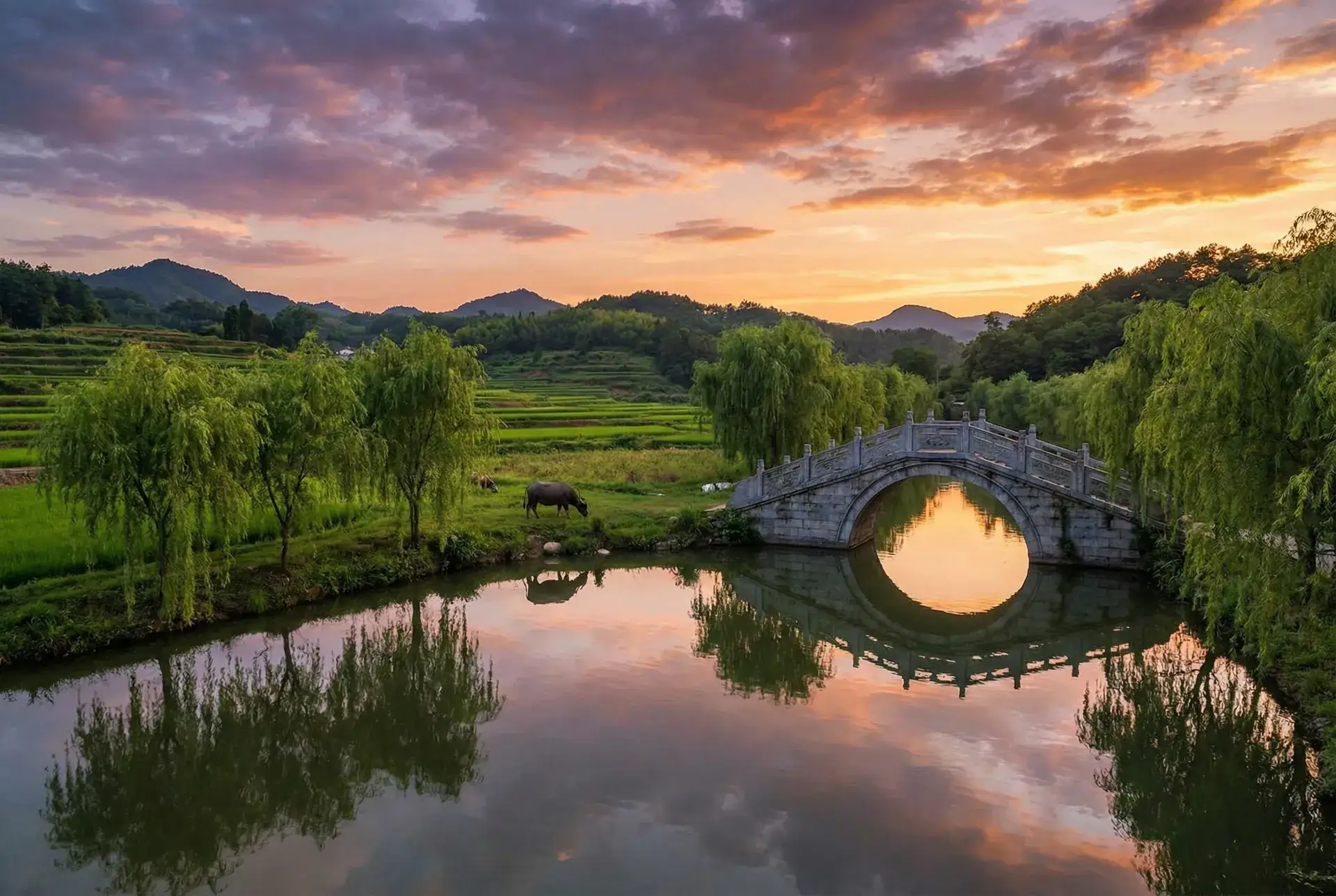 夕阳下的石拱桥与垂柳，水牛在河边吃草 - 守望人妻 电影 乡村美景